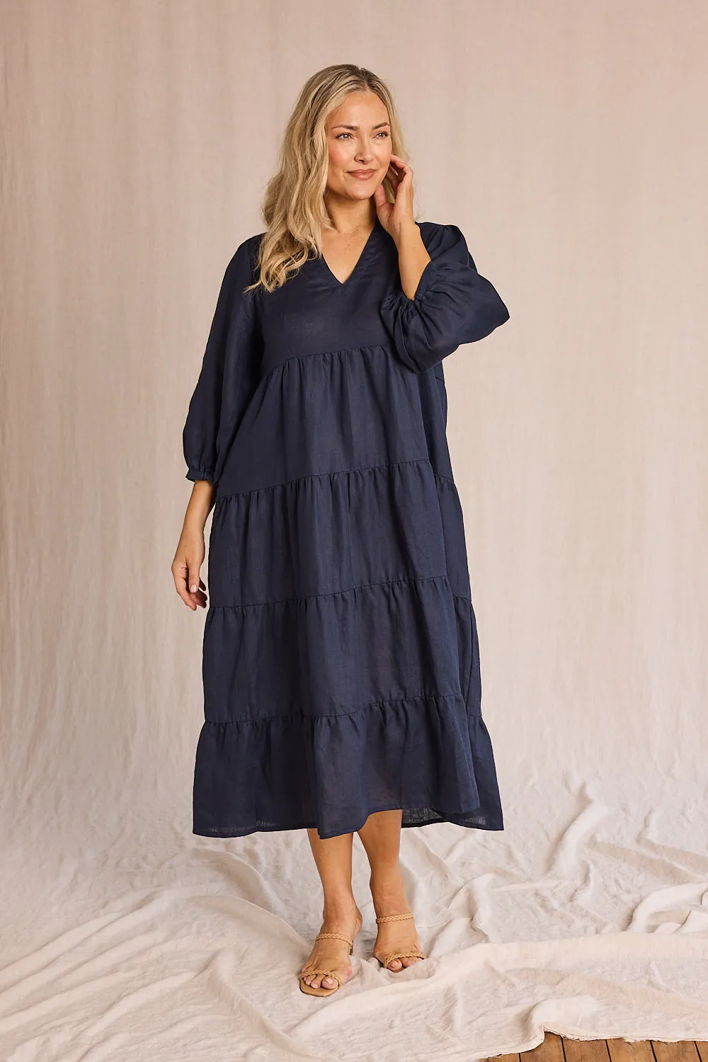 Sabre Linen V-Neck Dress in Navy