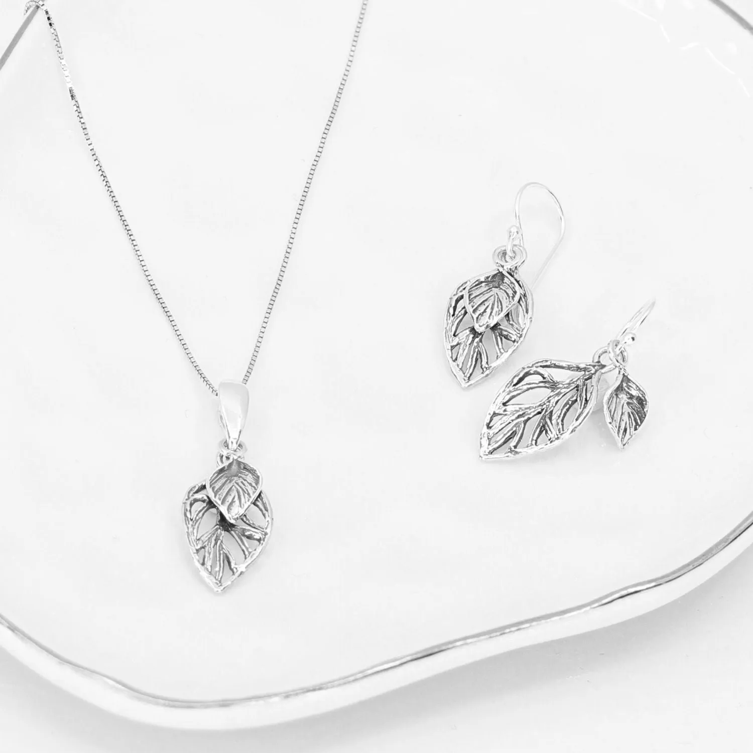 Sterling Silver Double Leaf Earrings