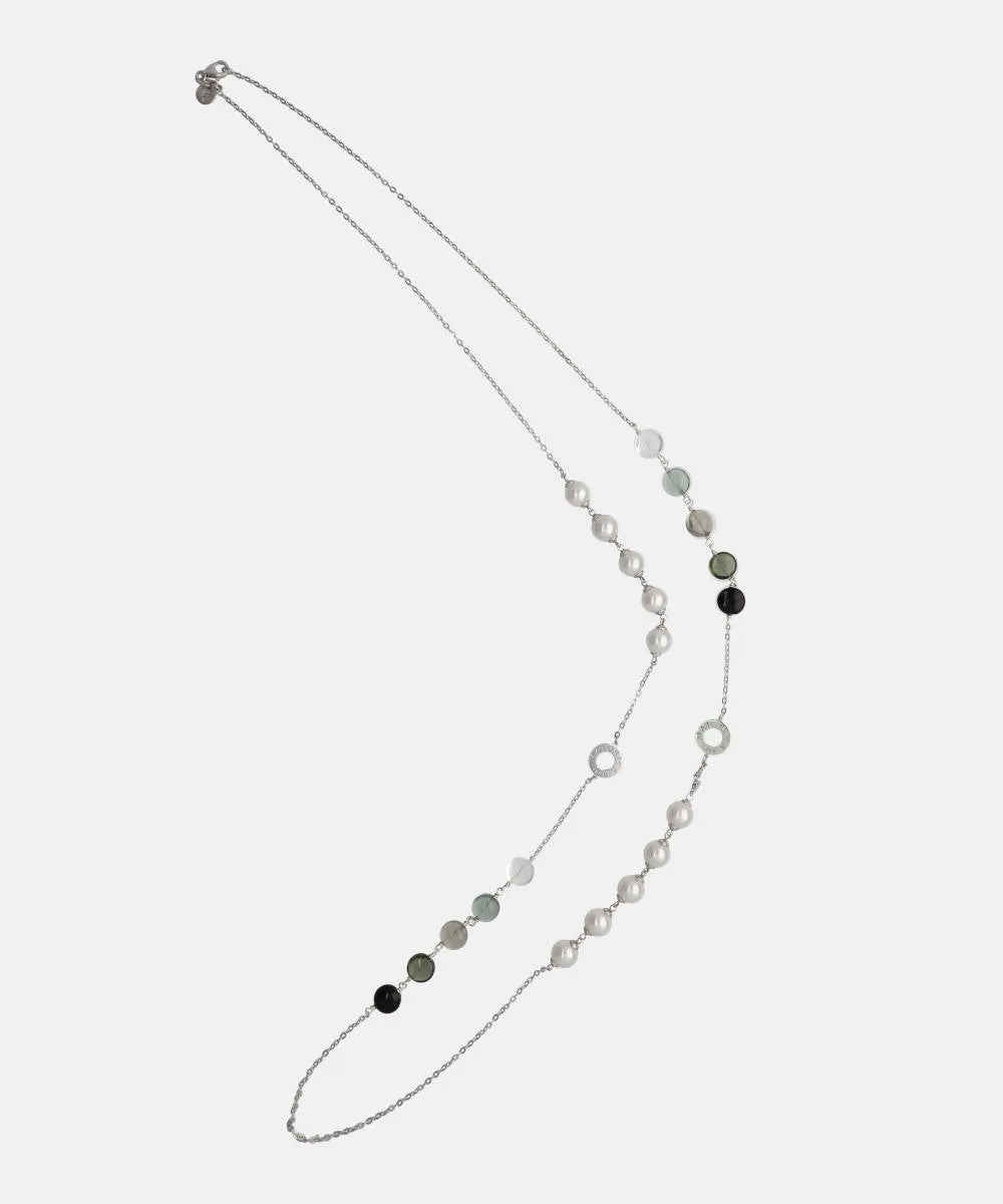 Sterling Silver Rhodium Plated Necklace for Women with 8mm Round White Pearls and Black Murano Crystals, 35 Necklace Length, Algaida Collection