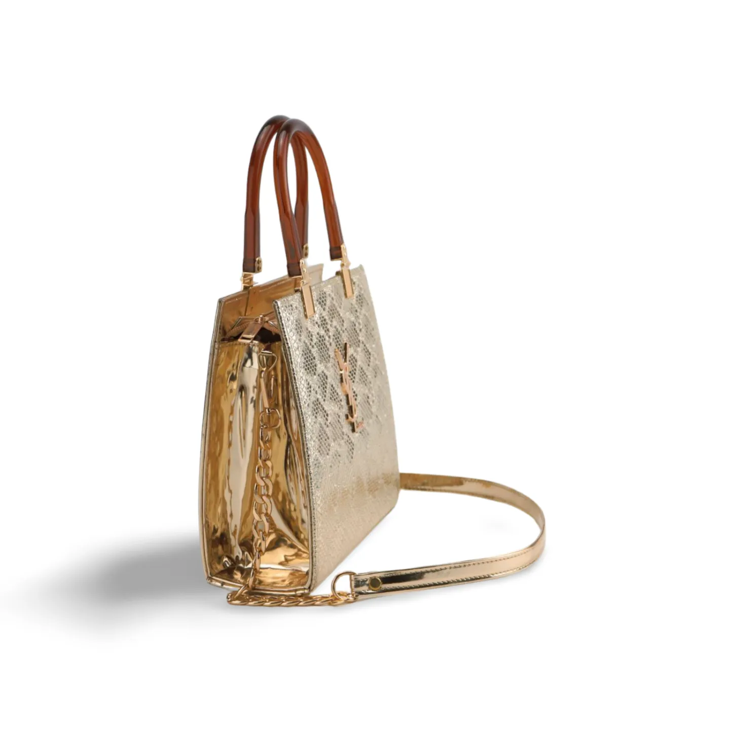 Stylish Crock Skin Handbag with Wooden Style Handles and Chain Strap