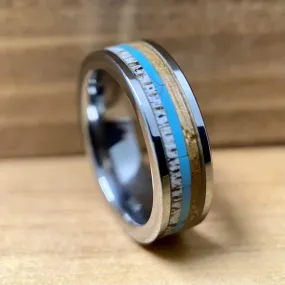 “The Lady Westerner” 6mm Tungsten Ring With Reclaimed Bourbon Barrel, Antler and Turquoise