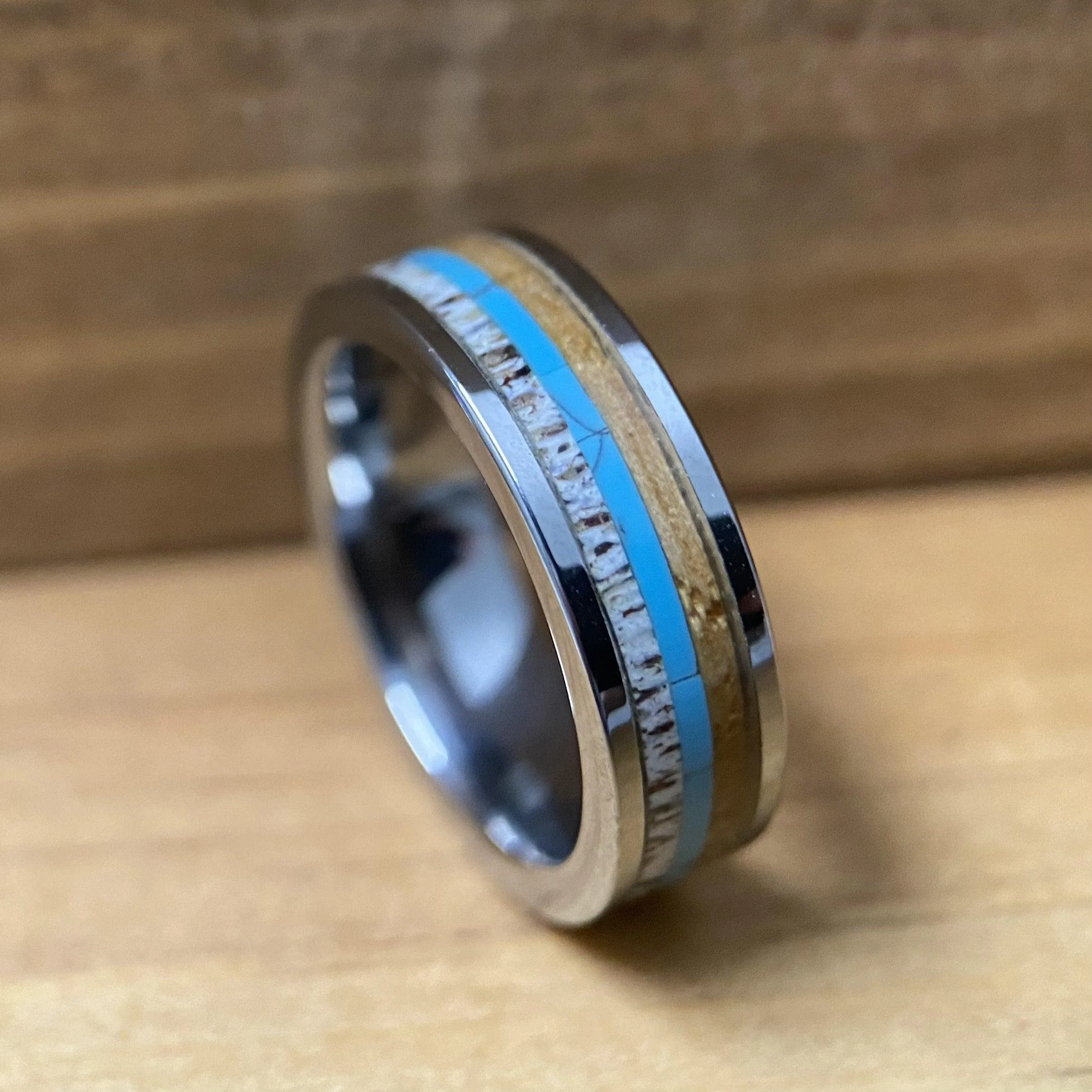 “The Lady Westerner” 6mm Tungsten Ring With Reclaimed Bourbon Barrel, Antler and Turquoise