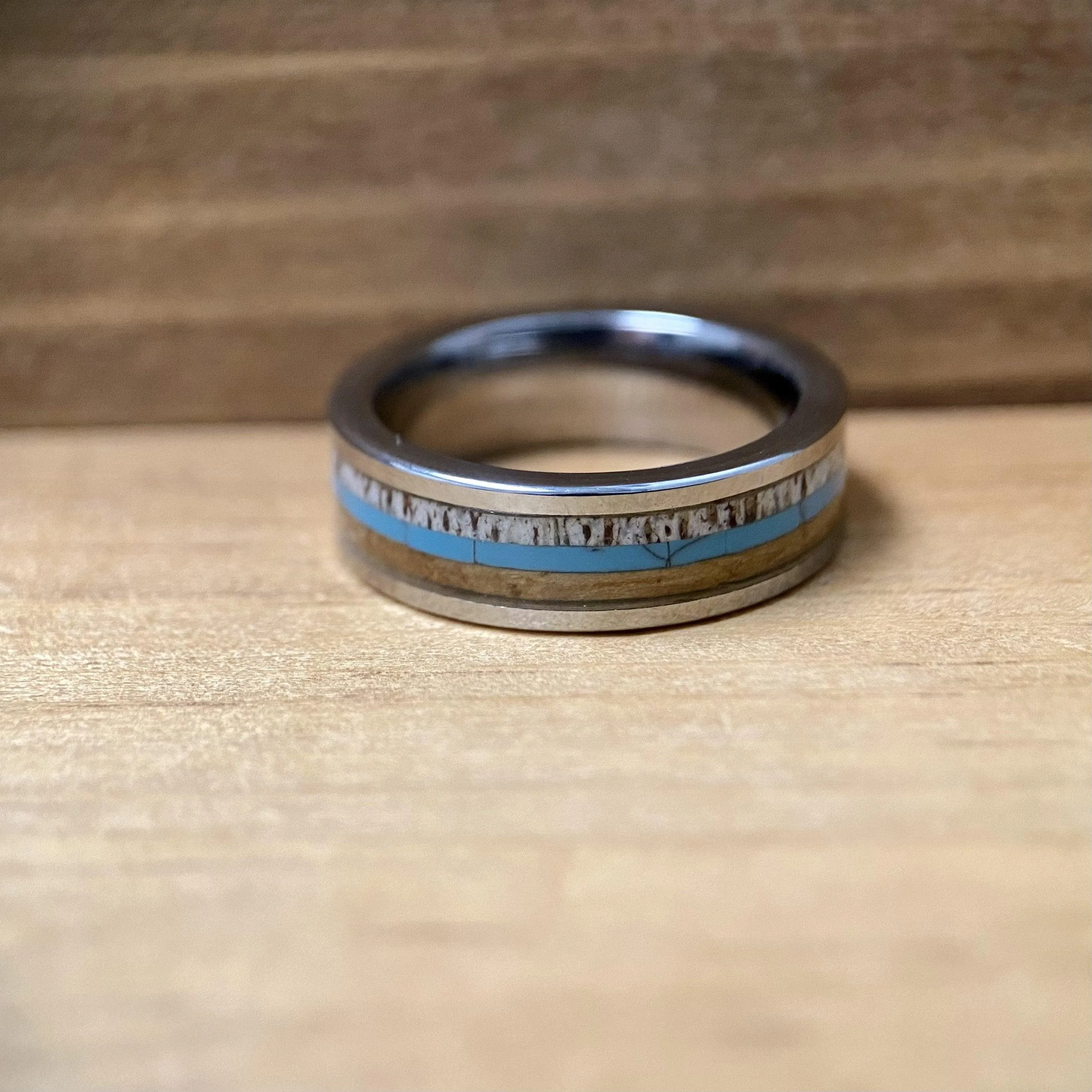 “The Lady Westerner” 6mm Tungsten Ring With Reclaimed Bourbon Barrel, Antler and Turquoise