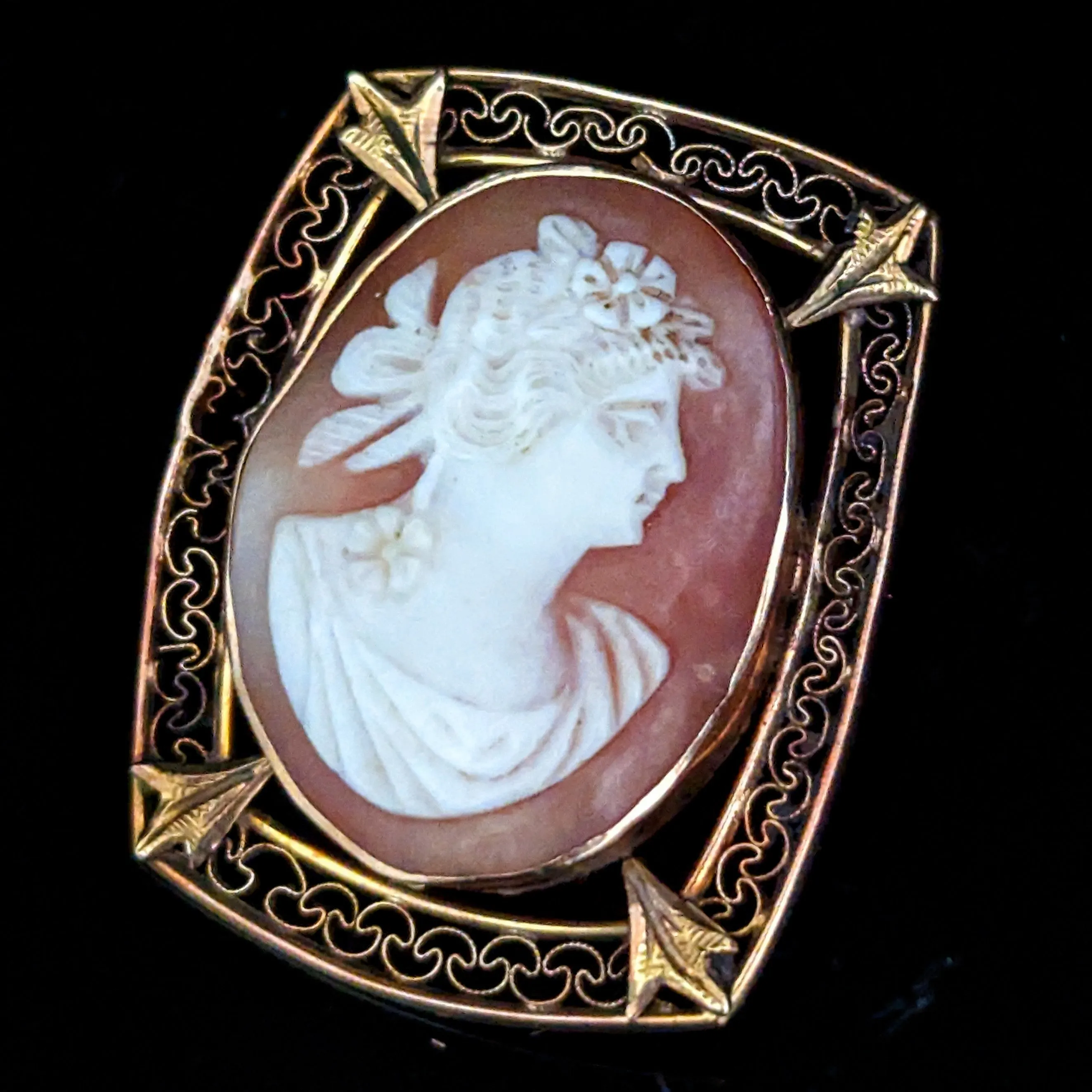 The Selma - Antique 10k Gold Shell Cameo Brooch Pendant FOB Convertible