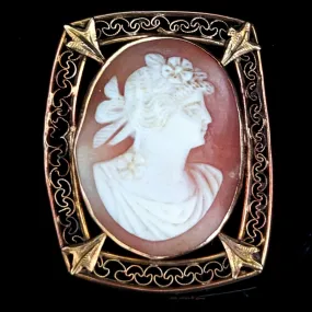 The Selma - Antique 10k Gold Shell Cameo Brooch Pendant FOB Convertible