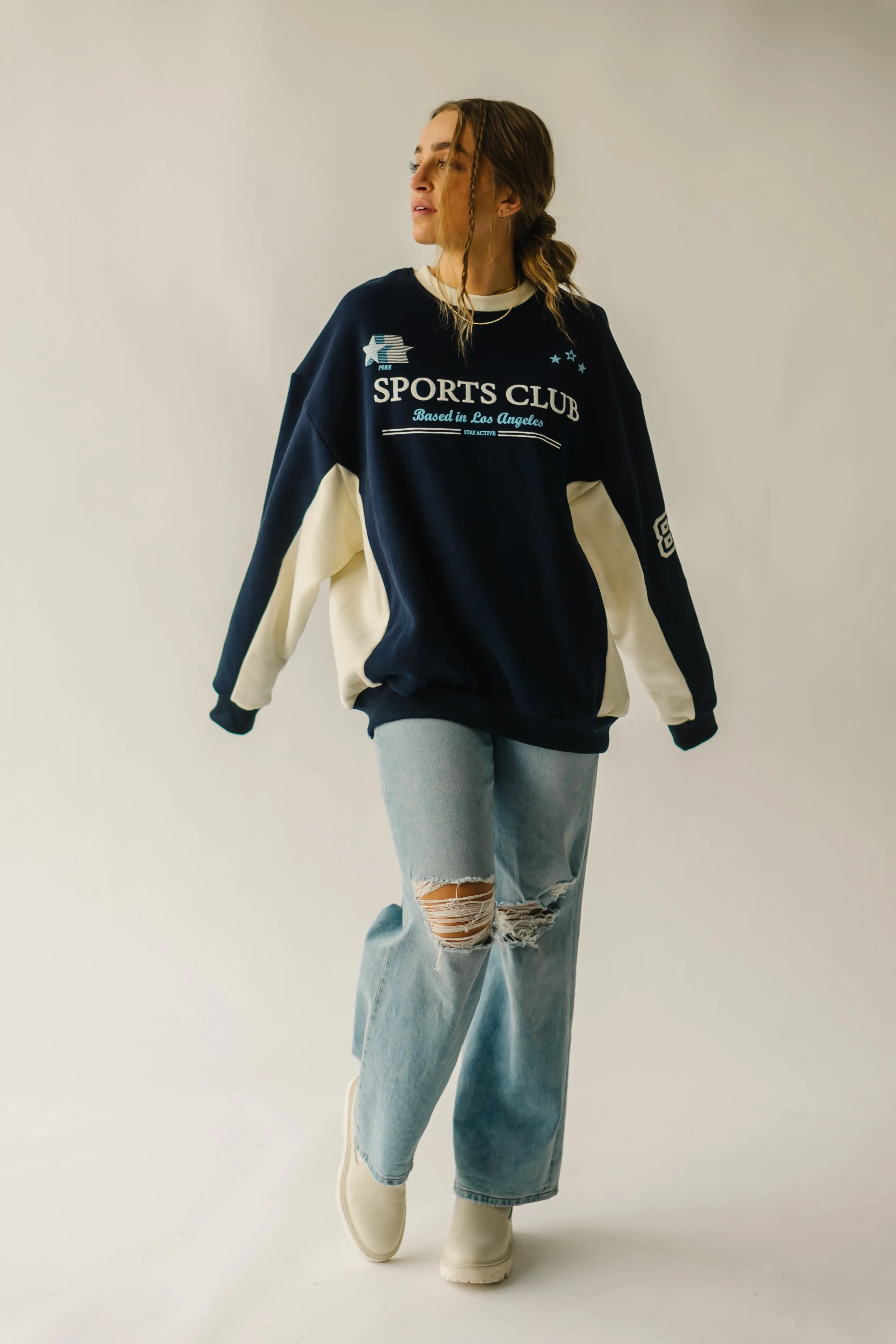 The Sports Club Graphic Pullover in Navy   Cream