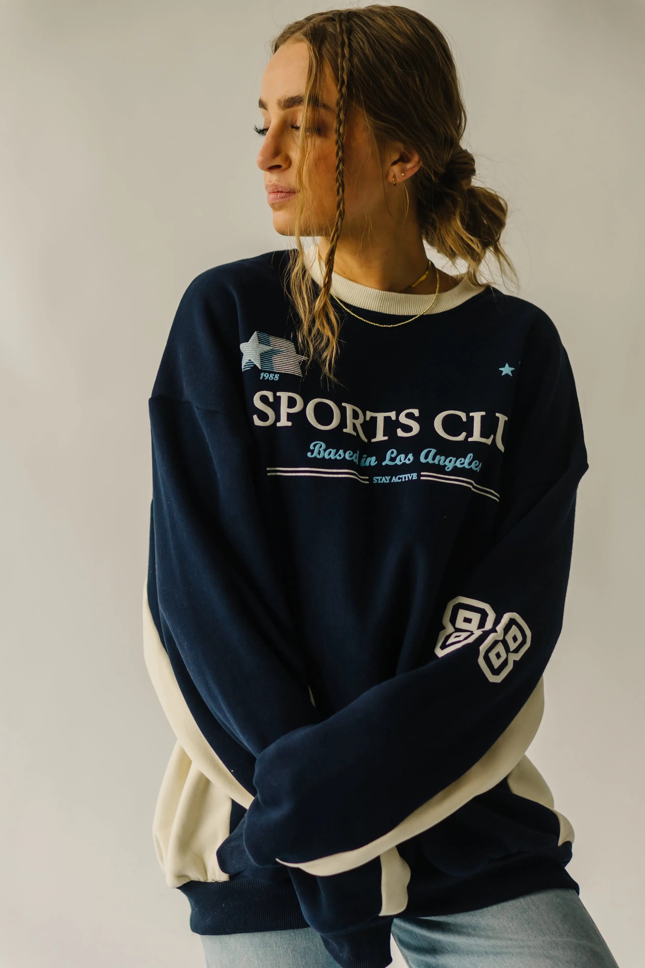 The Sports Club Graphic Pullover in Navy   Cream