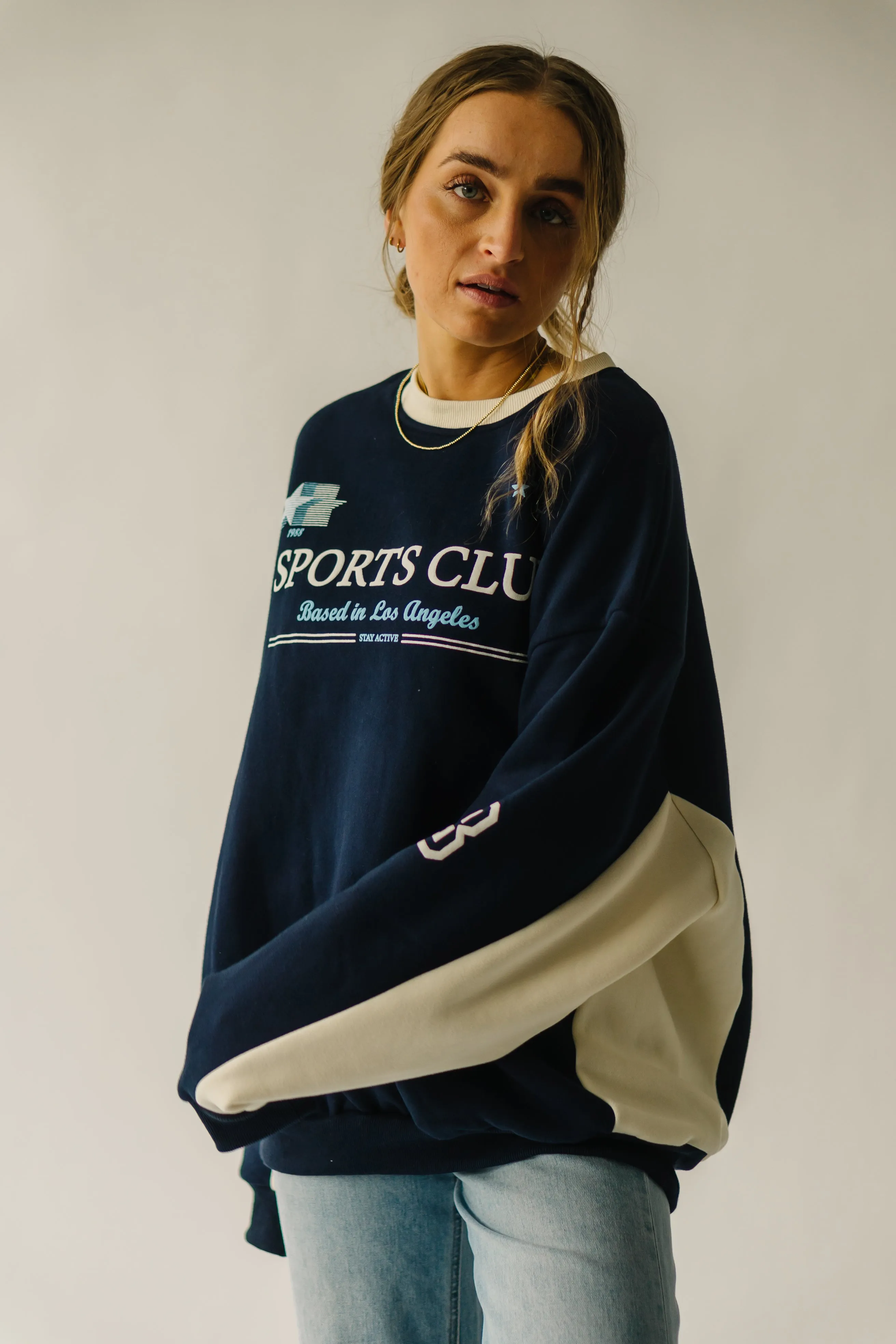 The Sports Club Graphic Pullover in Navy   Cream