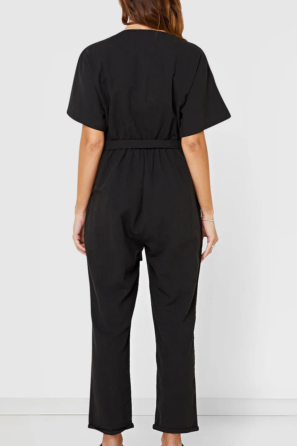 Tori SS Button Up Linen Blend Black Jumpsuit