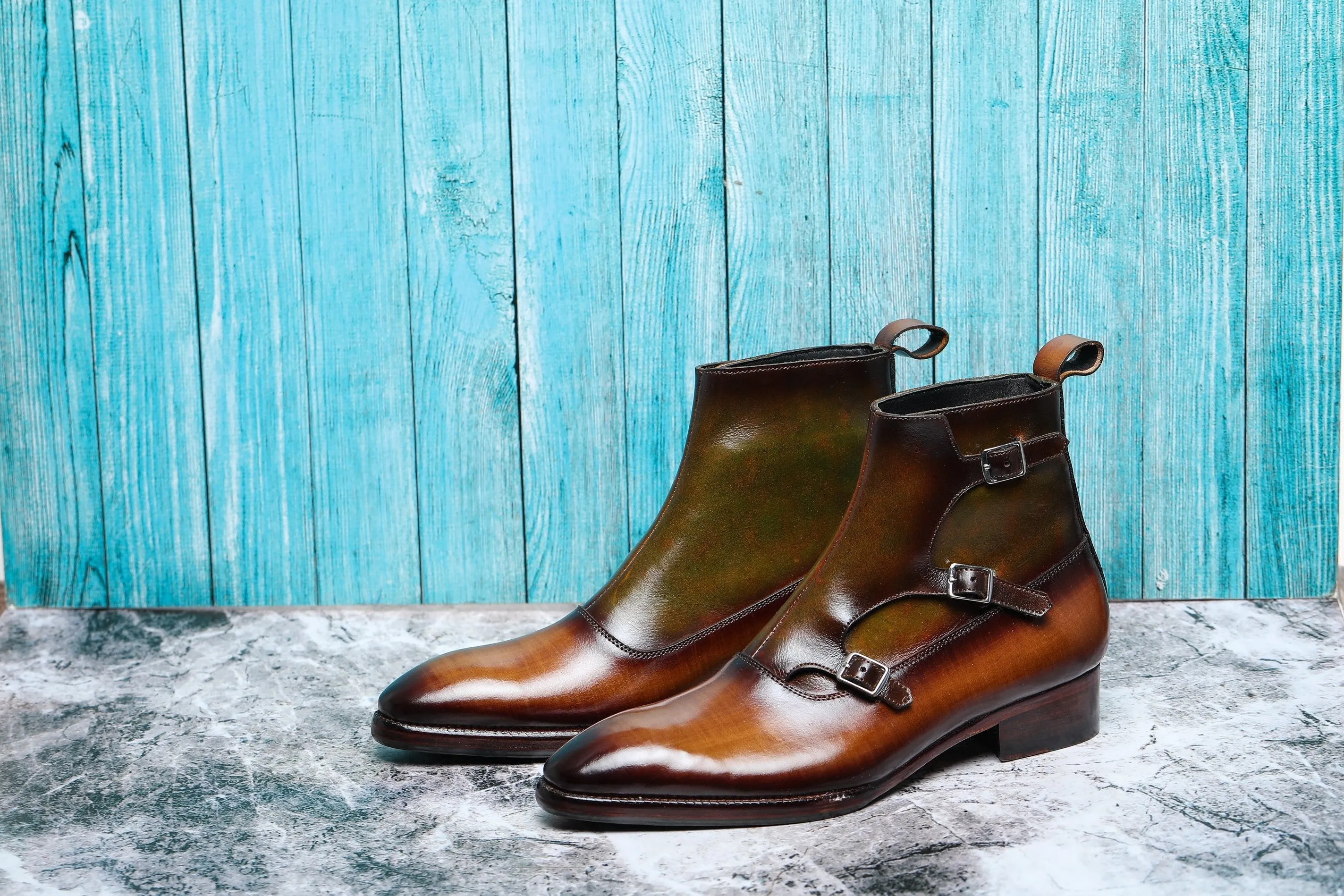 Triple Monk Strap Boots - Tan & Olive