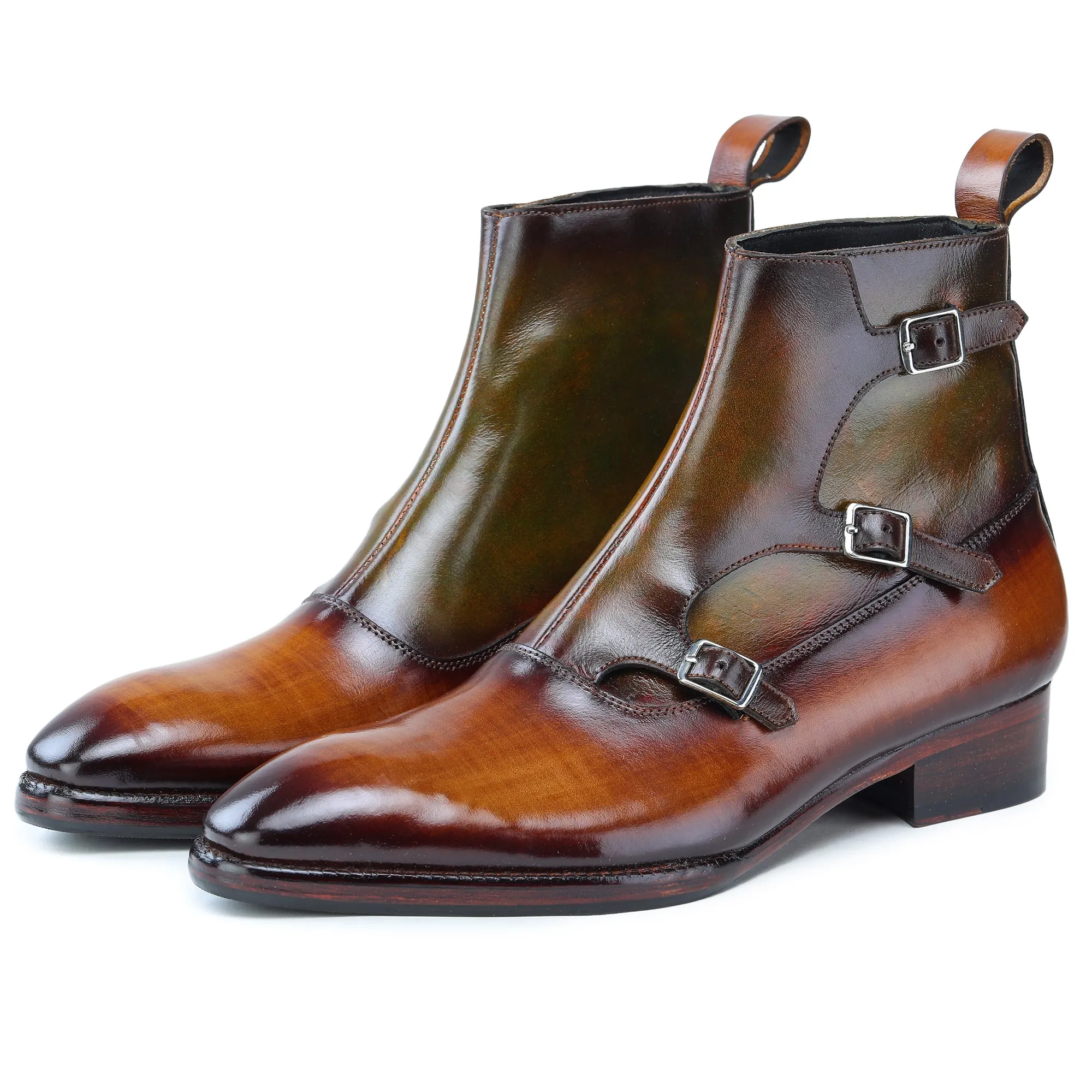 Triple Monk Strap Boots - Tan & Olive