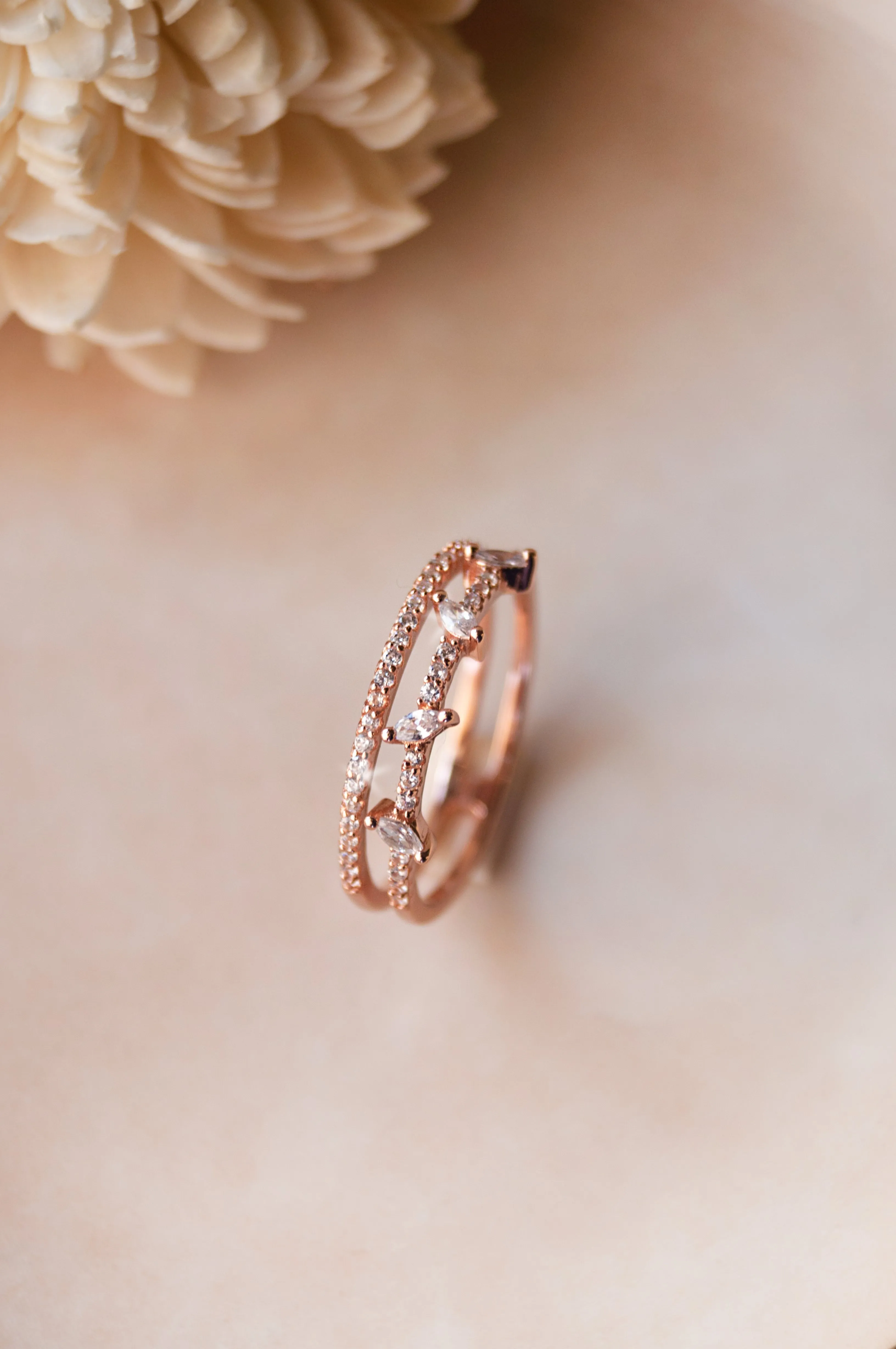 Twinkling Two Line Rose Gold Plated Sterling Silver Ring