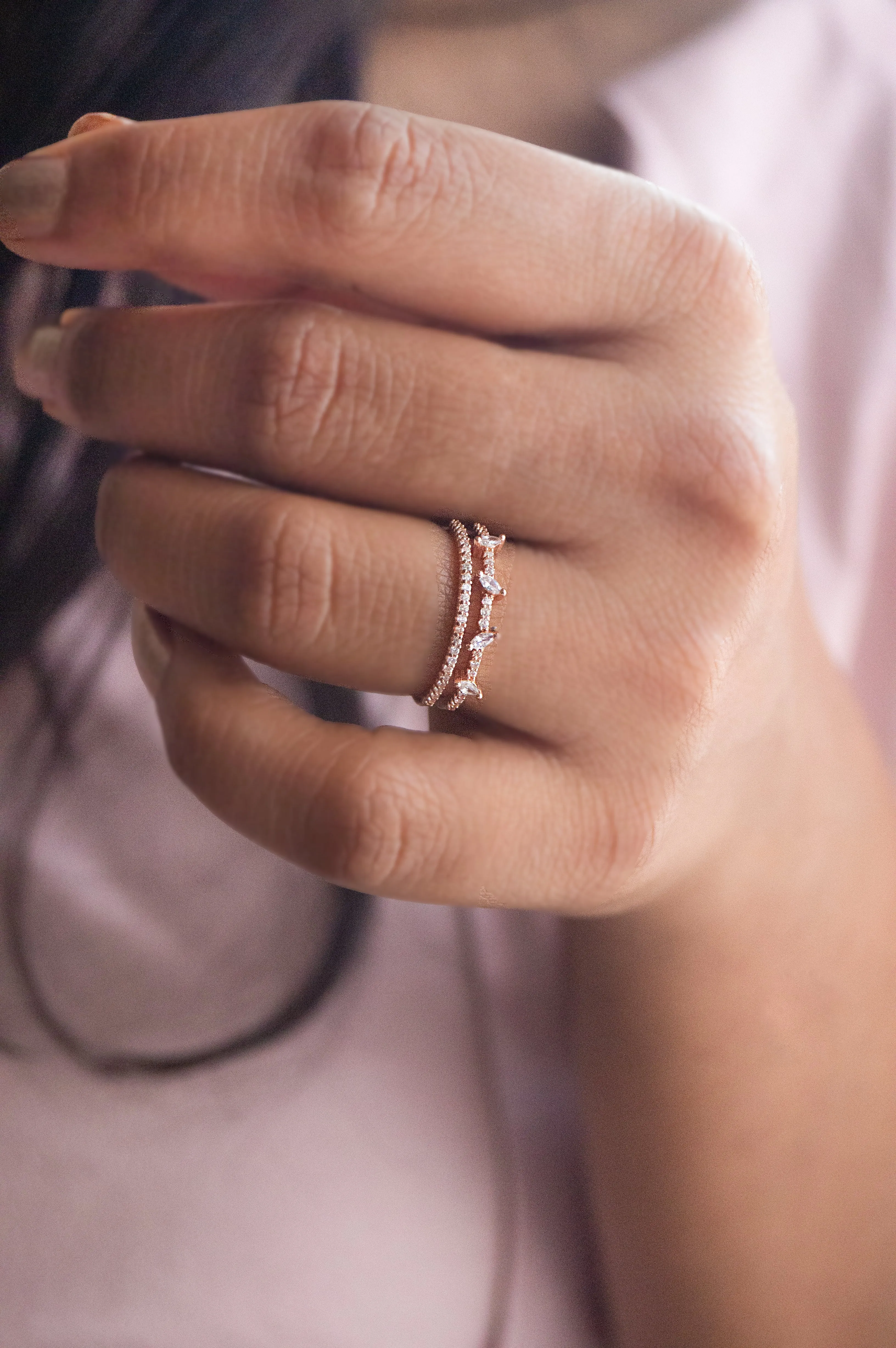 Twinkling Two Line Rose Gold Plated Sterling Silver Ring