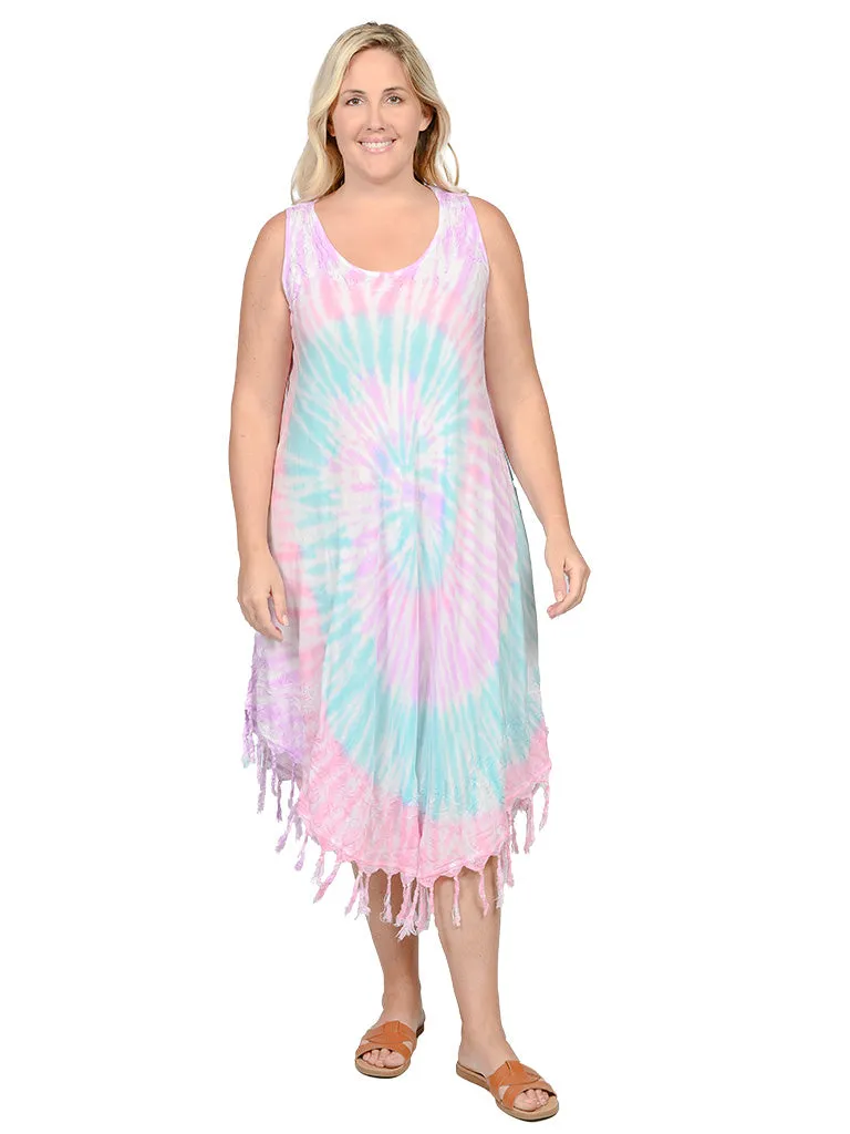 Umbrella dresses with fringed bottom in multicolor tie dye