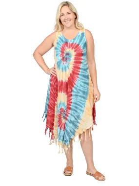 Umbrella dresses with fringed bottom in multicolor tie dye