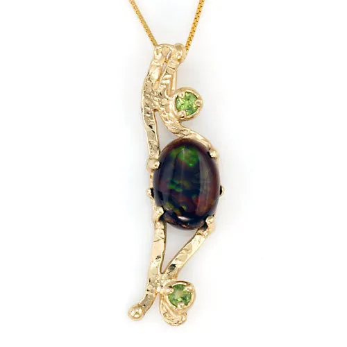 Unique 14kt Yellow Gold Fire Agate Peridot Pendant