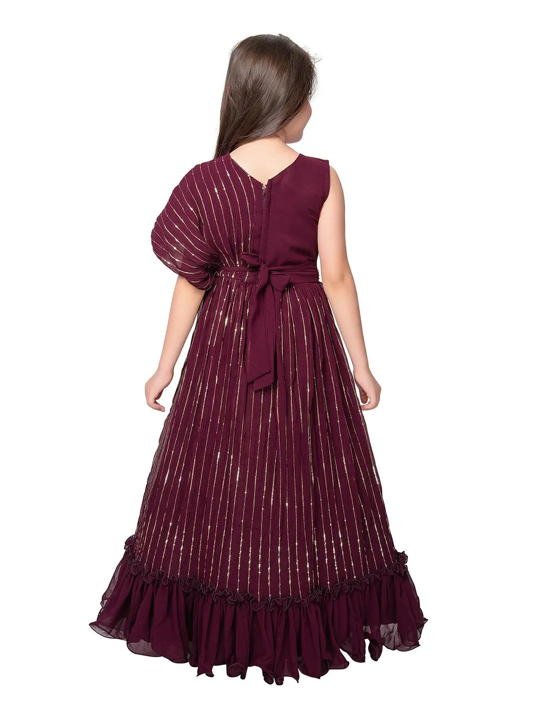 Wine Coloured Unique Cape Style Sleeves Pattern Gown For Girls