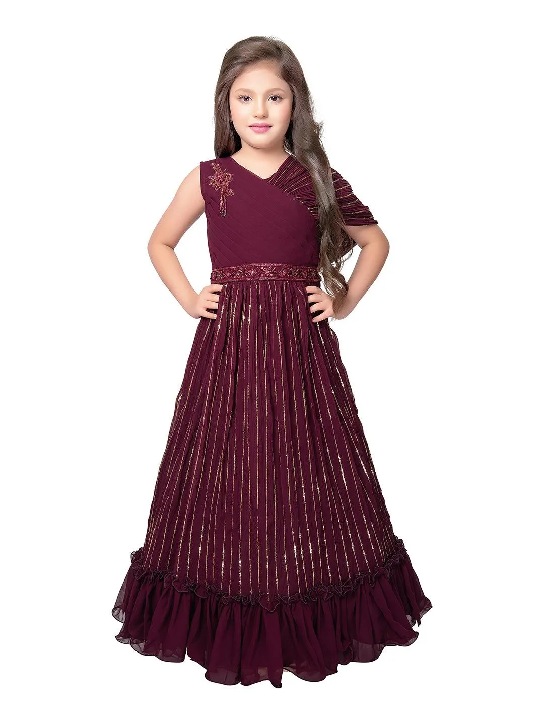 Wine Coloured Unique Cape Style Sleeves Pattern Gown For Girls