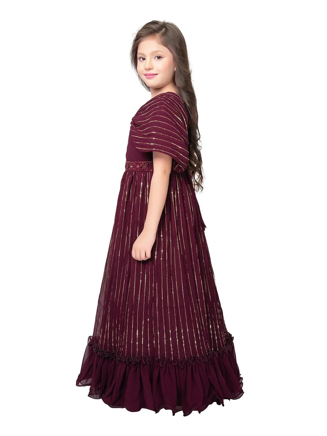 Wine Coloured Unique Cape Style Sleeves Pattern Gown For Girls