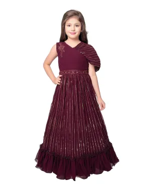 Wine Coloured Unique Cape Style Sleeves Pattern Gown For Girls