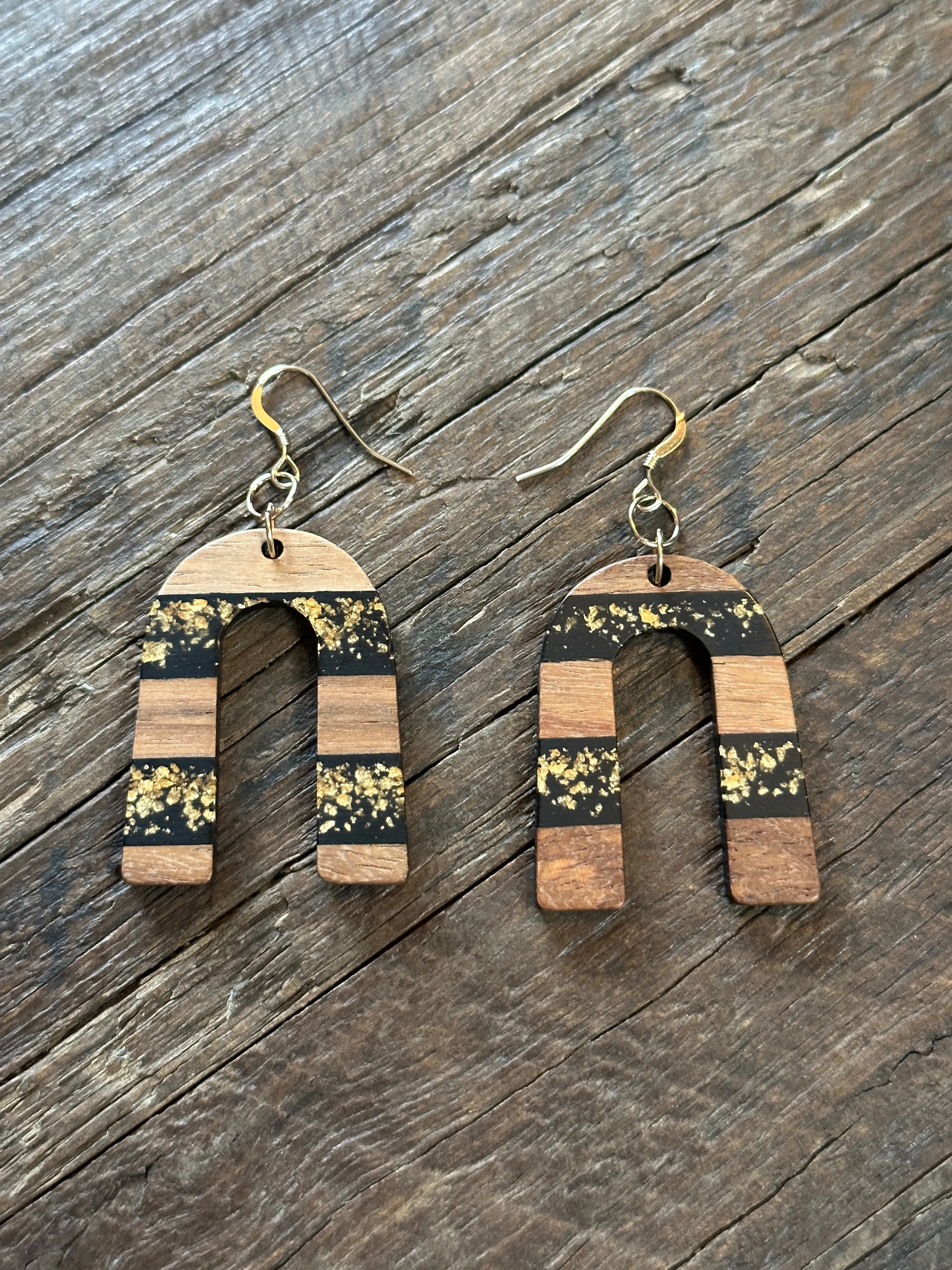 Wooden & Gold Foil Drop Earrings - Arched