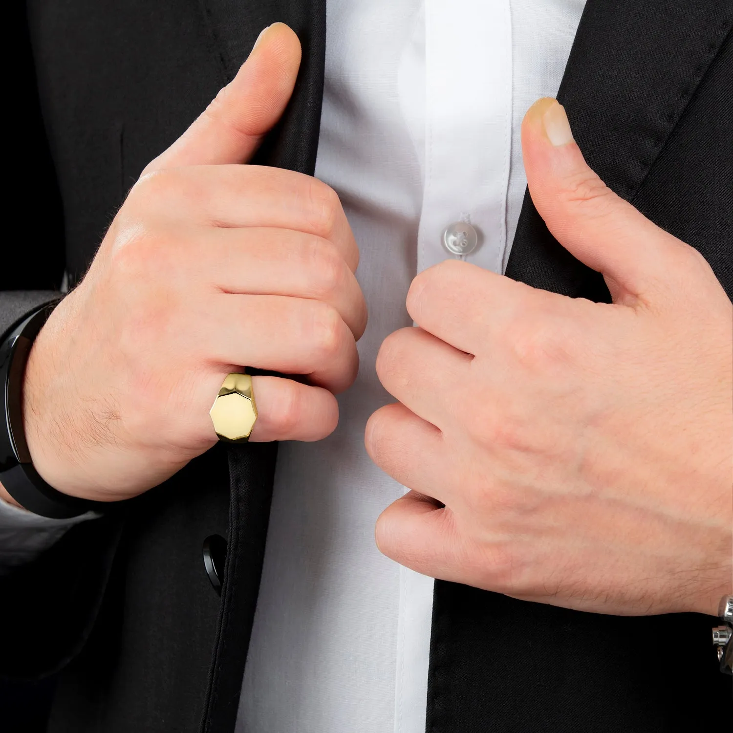 Yellow Gold Plated Men's Pinky Ring Silver Hexagon Signet Jewelry